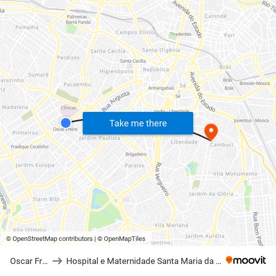 Oscar Freire to Hospital e Maternidade Santa Maria da Cruz Azul map