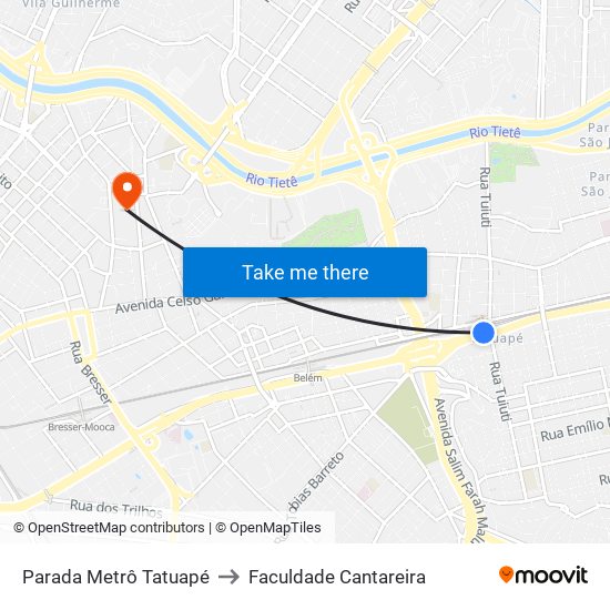 Parada Metrô Tatuapé to Faculdade Cantareira map