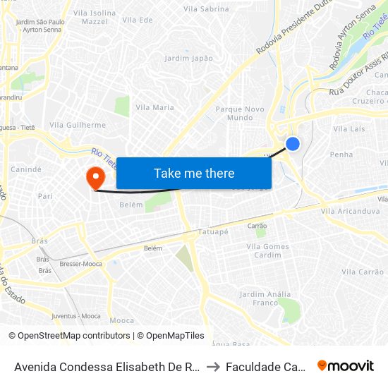 Avenida Condessa Elisabeth De Robiano 4810 to Faculdade Cantareira map