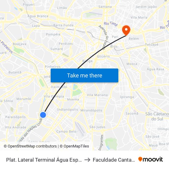 Terminal Água Espraiada to Faculdade Cantareira map