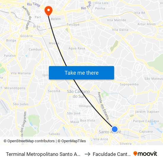 Terminal Metropolitano Santo André Leste to Faculdade Cantareira map