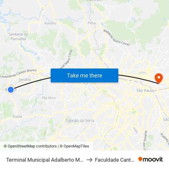 Terminal Municipal Adalberto Montanher to Faculdade Cantareira map