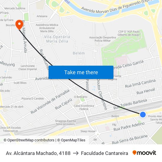 Av. Alcântara Machado, 4188 to Faculdade Cantareira map