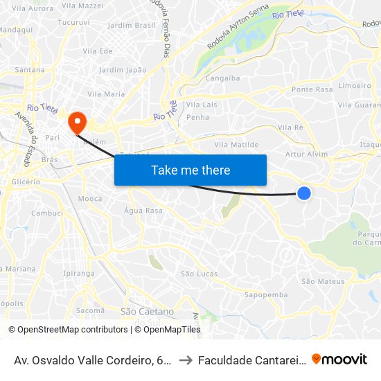 Av. Osvaldo Valle Cordeiro, 614 to Faculdade Cantareira map