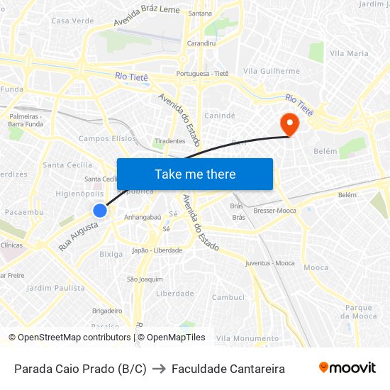 Parada Caio Prado (B/C) to Faculdade Cantareira map
