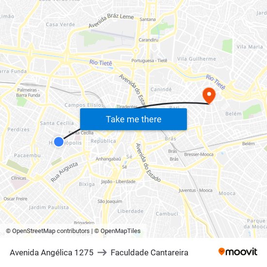 Avenida Angélica 1275 to Faculdade Cantareira map