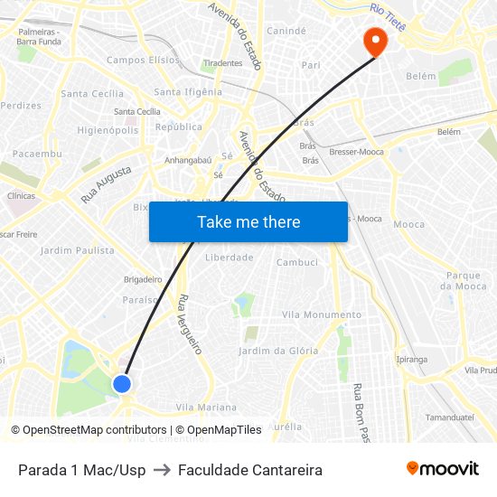 Parada 1 Mac/Usp to Faculdade Cantareira map