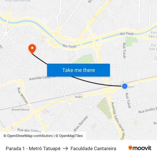 Parada 1 - Metrô Tatuapé to Faculdade Cantareira map