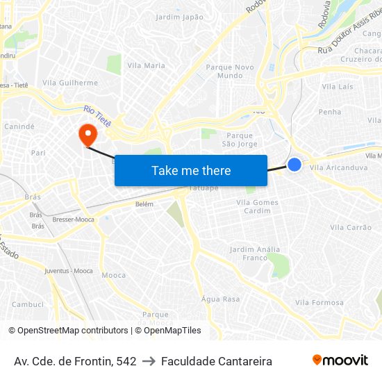 Av. Cde. de Frontin, 542 to Faculdade Cantareira map
