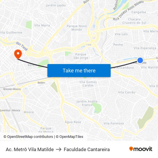 Ac. Metrô Vila Matilde to Faculdade Cantareira map