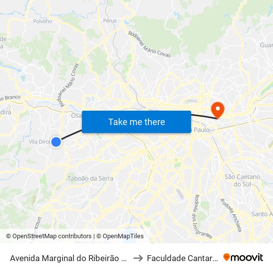 Avenida Marginal do Ribeirão 4777 to Faculdade Cantareira map