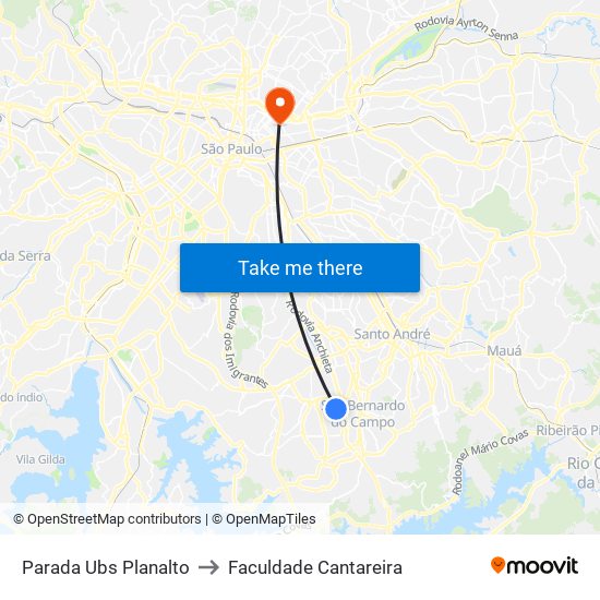 Parada Ubs Planalto to Faculdade Cantareira map