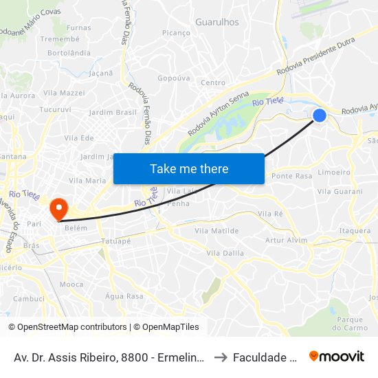 Av. Dr. Assis Ribeiro, 8800 - Ermelino Matarazzo, São Paulo to Faculdade Cantareira map