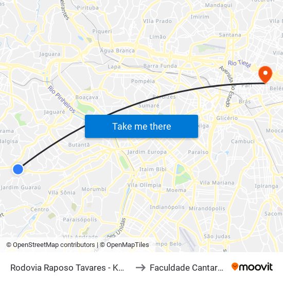 Rodovia Raposo Tavares - Km 16 to Faculdade Cantareira map
