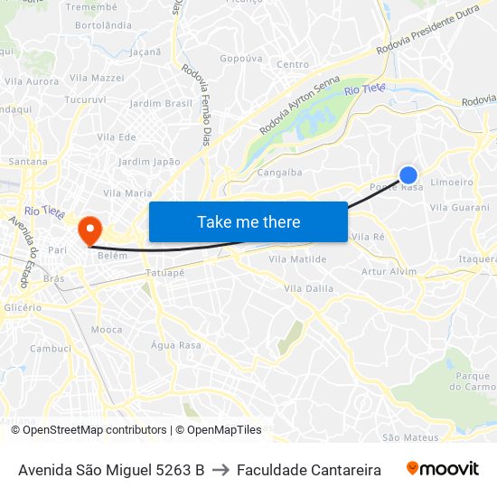 Avenida São Miguel 5263 B to Faculdade Cantareira map