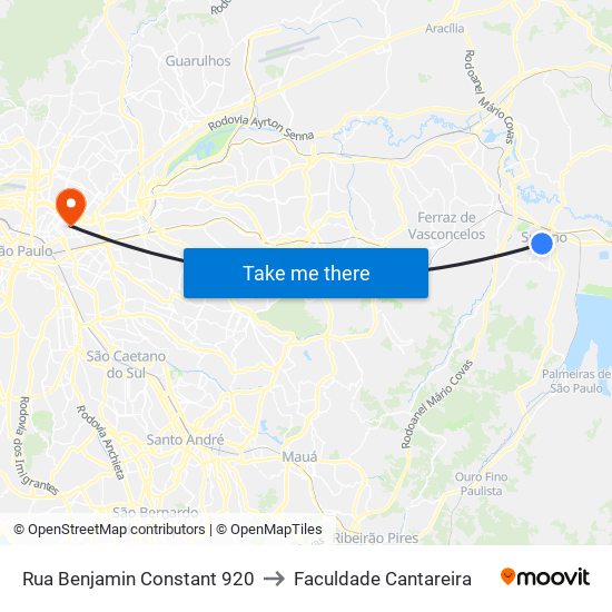 Rua Benjamin Constant 920 to Faculdade Cantareira map