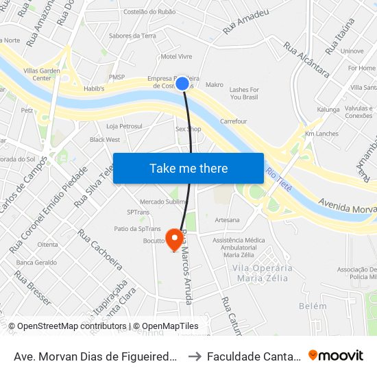 Ave. Morvan Dias de Figueiredo 2801 to Faculdade Cantareira map