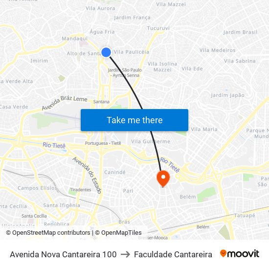 Avenida Nova Cantareira 100 to Faculdade Cantareira map