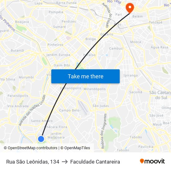 Rua São Leônidas, 134 to Faculdade Cantareira map