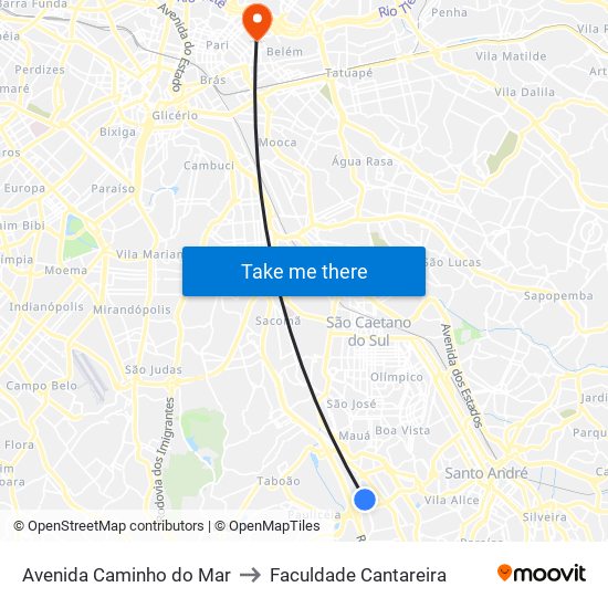Avenida Caminho do Mar to Faculdade Cantareira map