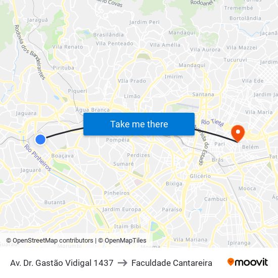 Av. Dr. Gastão Vidigal 1437 to Faculdade Cantareira map