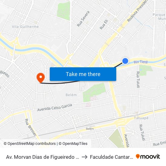 Av. Morvan Dias de Figueiredo 5631 to Faculdade Cantareira map