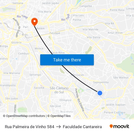 Rua Palmeira de Vinho 584 to Faculdade Cantareira map