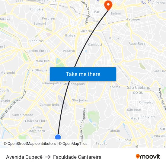 Avenida Cupecê to Faculdade Cantareira map