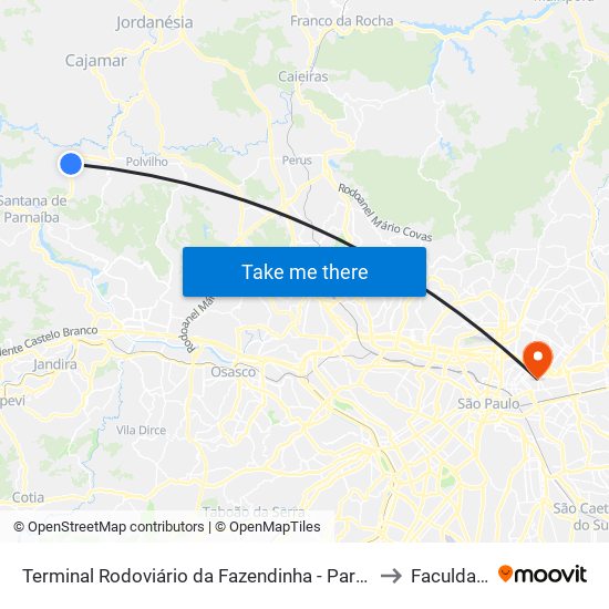 Terminal Rodoviário da Fazendinha - Parque dos Eucaliptos (Fazendinha), Santana de Parnaíba to Faculdade Cantareira map
