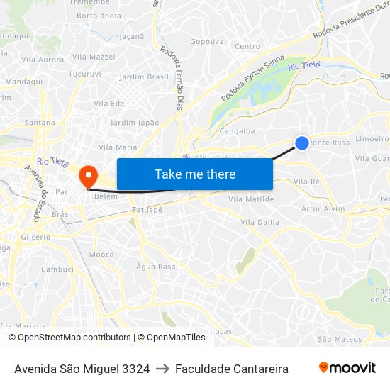 Avenida São Miguel 3324 to Faculdade Cantareira map