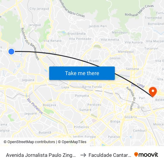 Avenida Jornalista Paulo Zingg 314 to Faculdade Cantareira map