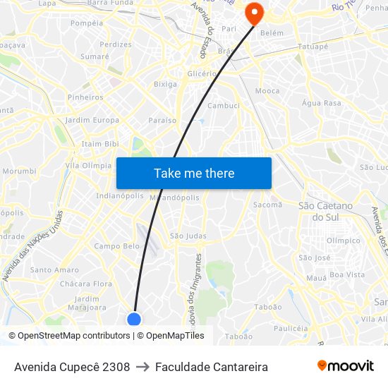 Avenida Cupecê 2308 to Faculdade Cantareira map