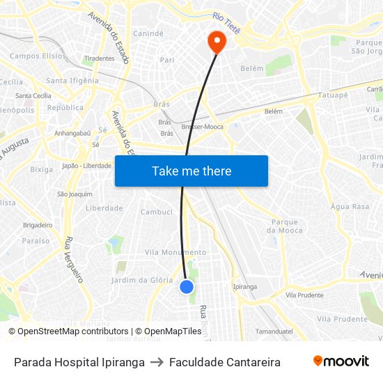 Parada Hospital Ipiranga to Faculdade Cantareira map