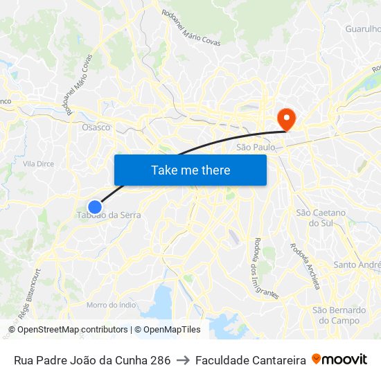 Rua Padre João da Cunha 286 to Faculdade Cantareira map