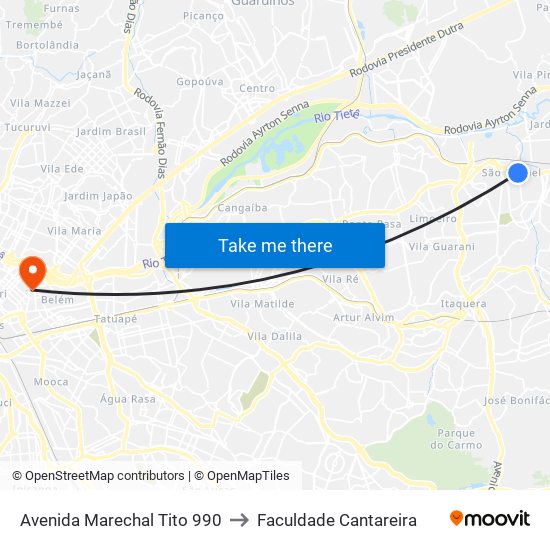 Avenida Marechal Tito 990 to Faculdade Cantareira map