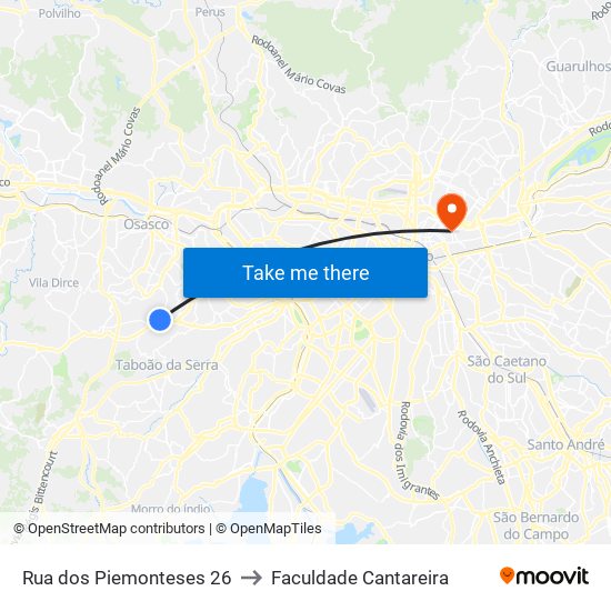 Rua dos Piemonteses 26 to Faculdade Cantareira map