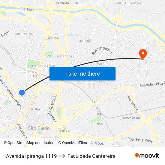 Avenida Ipiranga 1119 to Faculdade Cantareira map