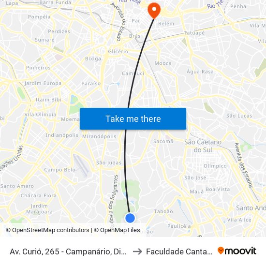 Av. Curió, 265 - Campanário, Diadema to Faculdade Cantareira map