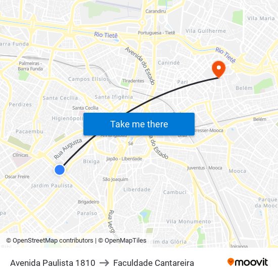 Avenida Paulista 1810 to Faculdade Cantareira map