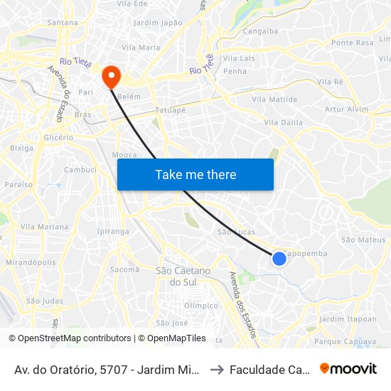 Av. do Oratório, 5707 - Jardim Mimar, São Paulo to Faculdade Cantareira map