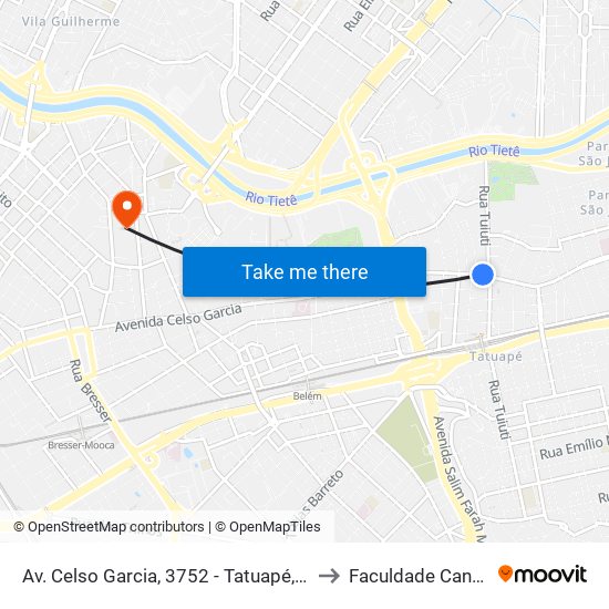 Av. Celso Garcia, 3752 - Tatuapé, São Paulo to Faculdade Cantareira map