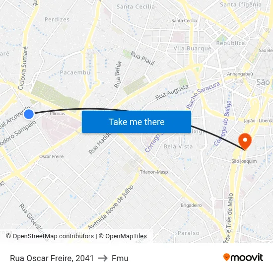 Rua Oscar Freire, 2041 to Fmu map
