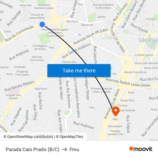 Parada Caio Prado (B/C) to Fmu map