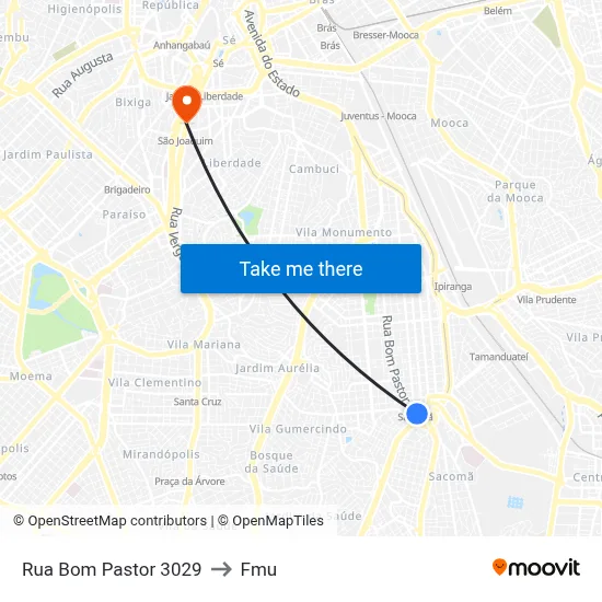 Rua Bom Pastor 3029 to Fmu map