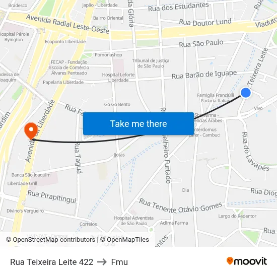 Rua Teixeira Leite 422 to Fmu map