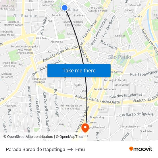 Parada Barão de Itapetinga to Fmu map