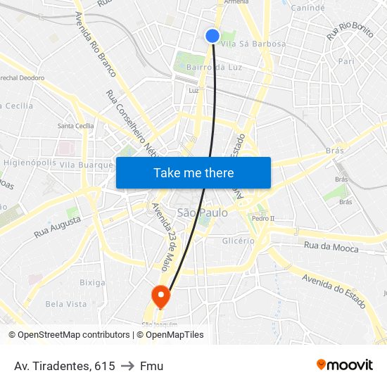 Av. Tiradentes, 615 to Fmu map