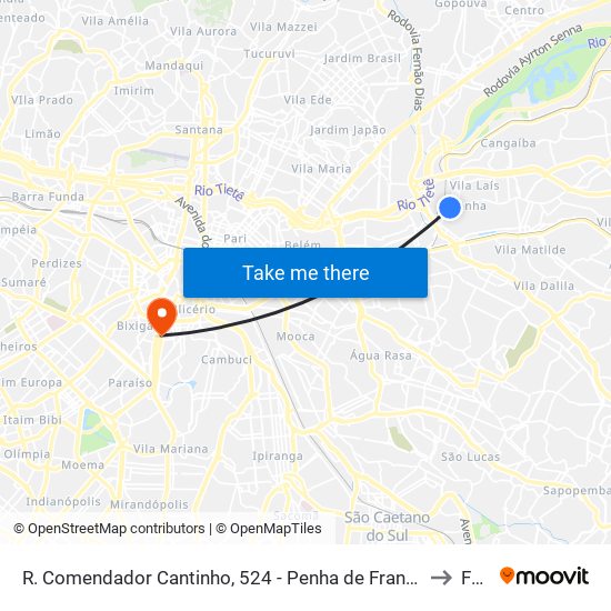 R. Comendador Cantinho, 524 - Penha de França, São Paulo to Fmu map