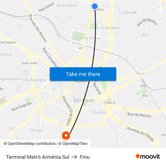 Terminal Metrô Armênia Sul to Fmu map