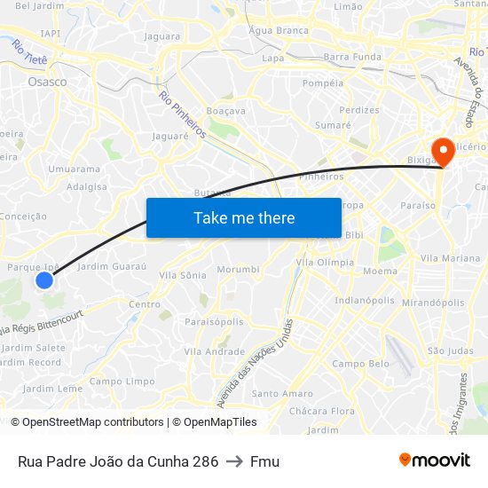 Rua Padre João da Cunha 286 to Fmu map